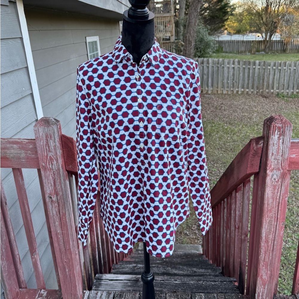 J.Crew Women’s Cotton Shirt Maroon White Navy‎ Long Sleeve Pull Over Half Button